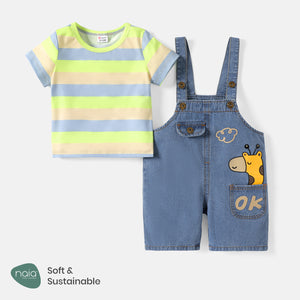 2pcs Baby Boy/Girl 95% Cotton Giraffe Graphic Denim Overalls Shorts and Short-sleeve Striped Tee Set