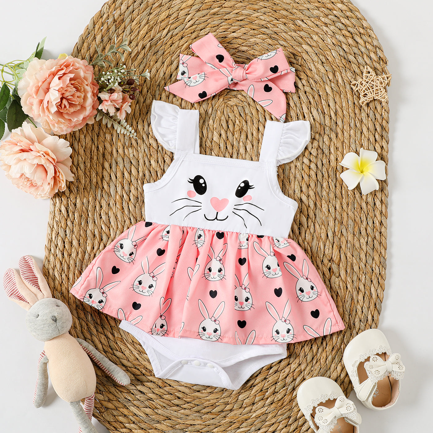 Easter 2pcs Baby Girl Rabbit Print Flutter-sleeve Faux-two Romper & Headband Set