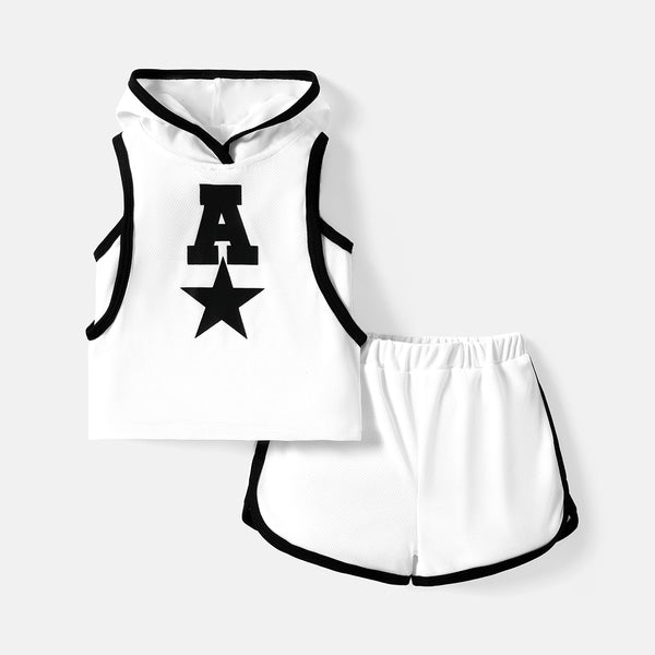 2pcs Baby Boy Star & Letter Print Two Tone Hooded Tank Top and Shorts Set