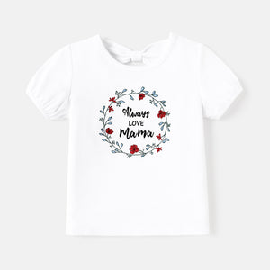 Mother's Day Toddler Girl Cotton Floral & Letter Embroidered Puff-sleeve Tee