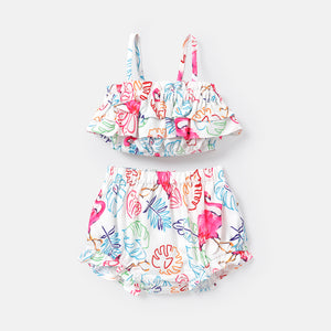 2pcs Baby Girl Floral Print Ruffled Camisole and Shorts Set