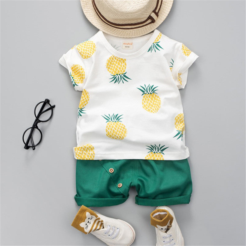 2pcs Baby Boy 100% Cotton Solid Shorts and Allover Pineapple Print Short-sleeve Tee Set US Sale