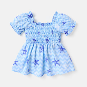 Baby Girl Allover Starfish Print Blue Puff-sleeve Shirred Dress