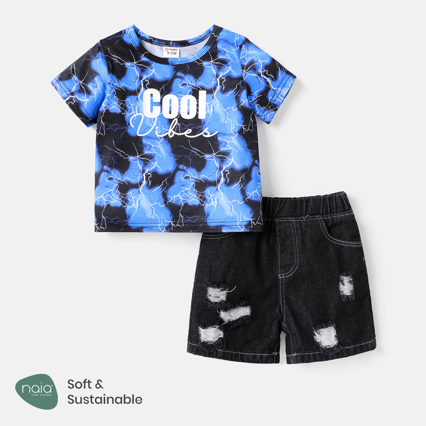 2pcs Baby Boy Short-sleeve Letter Graphic Allover Print Tee and Ripped Denim Shorts Set