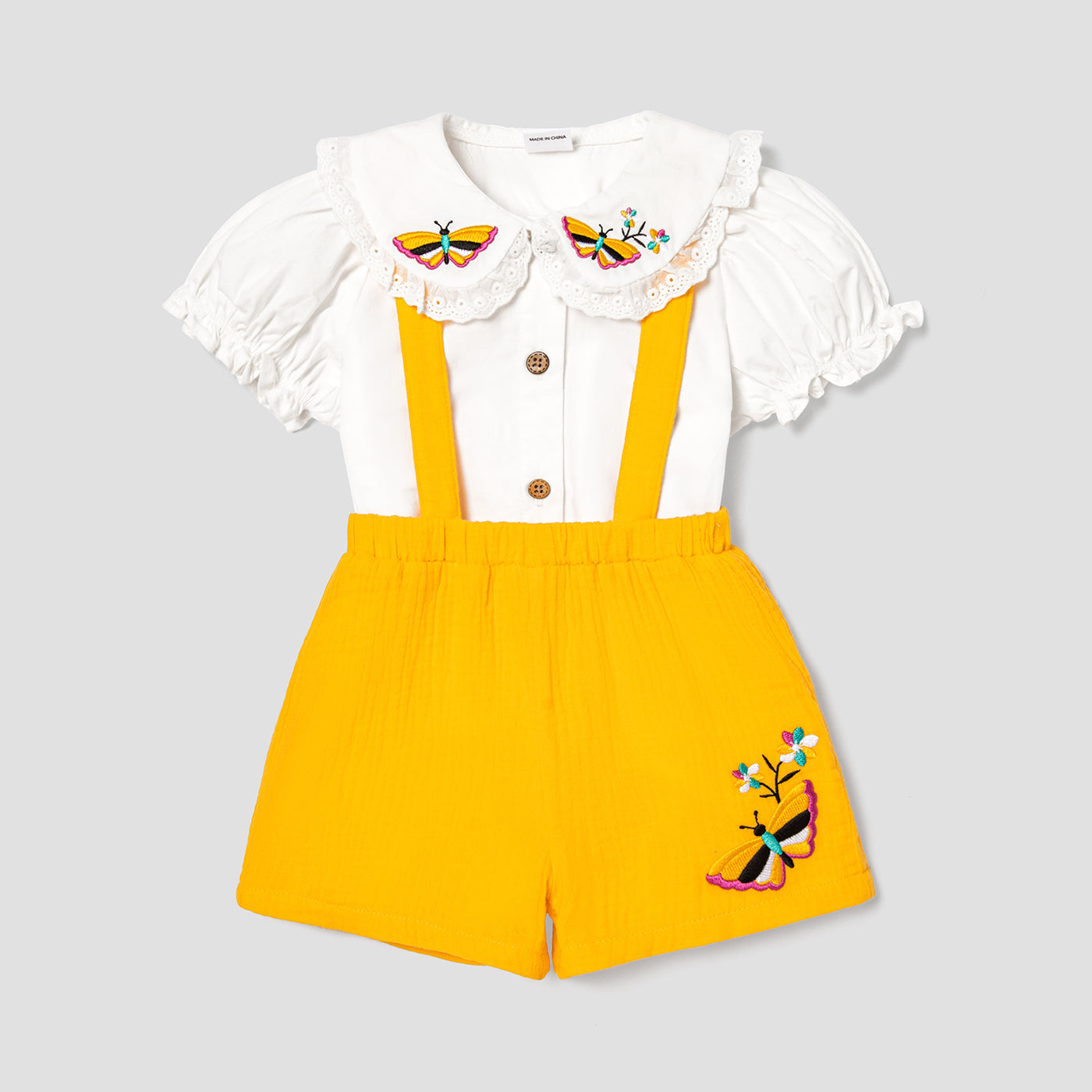 2pcs Baby Girl 100% Cotton Floral Embroidered Ruffle Collar Puff-sleeve Top and Solid Crepe Suspender Shorts Set