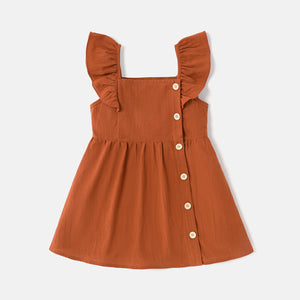 Toddler Girl Floral Print/100% Cotton Button Design Sleeveless Dress