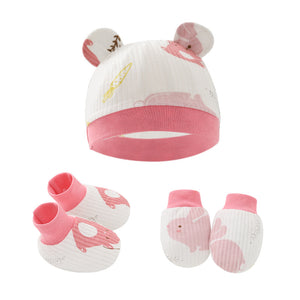 3Pcs 100% Cotton Baby Cartoon Animal Print Beanie Hat & Anti-scratch Glove & Socks Set
