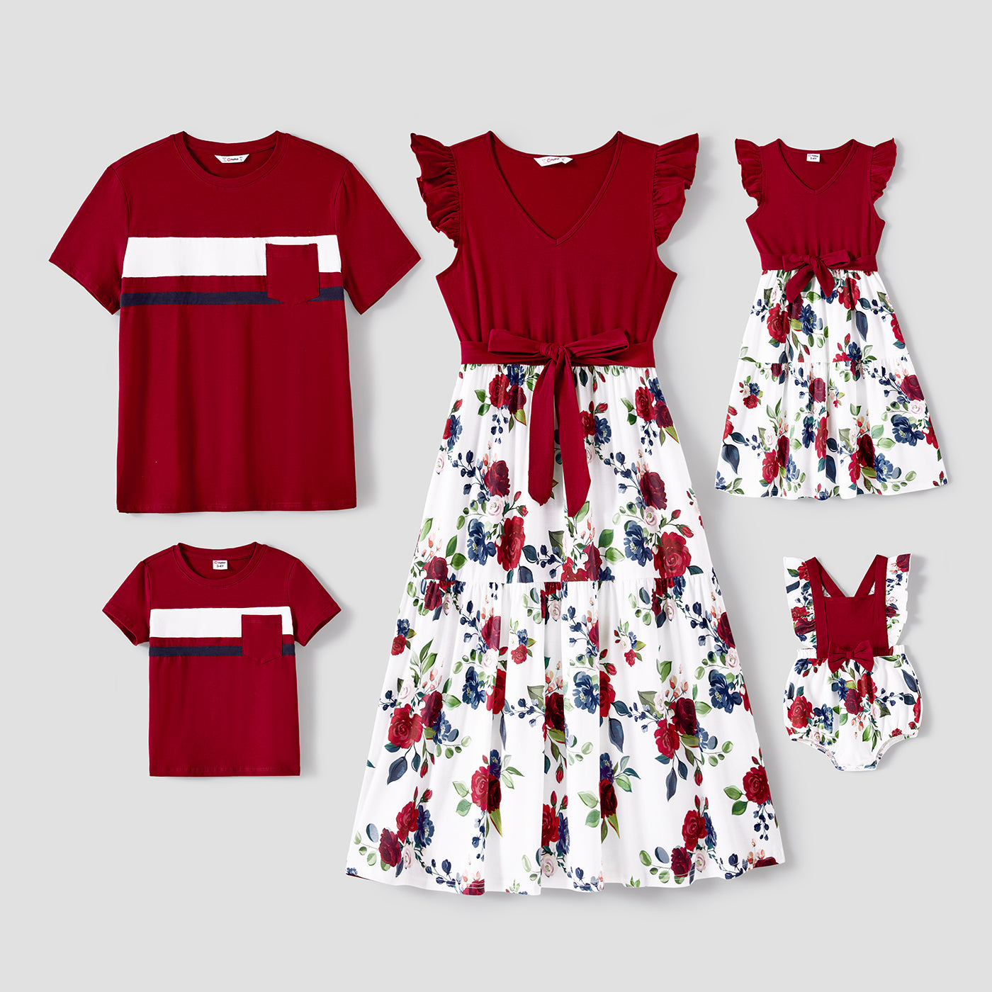 Family Matching Cotton Short-sleeve Colorblock T-shirts and Floral Print V Neck Belted Spliced Dresses Sets