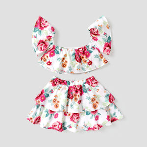 2pcs Toddler Girl Floral Print Off Shoulder Blouse and Layered Skirt Set