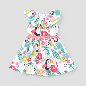Baby Girl Cotton Ruffle Collar Sleeveless Pom Poms Decor Floral Print Dress
