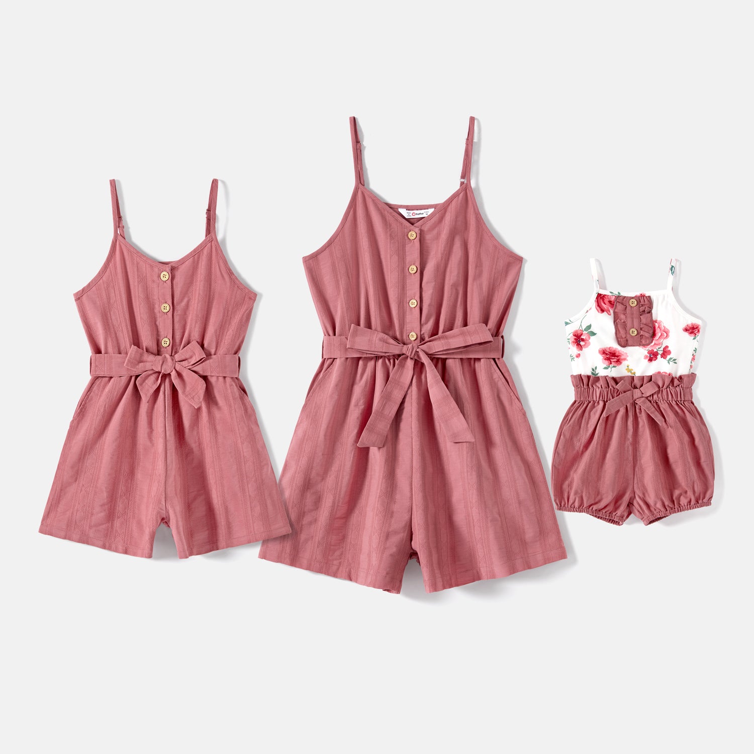 Mommy and Me 100% Cotton Button Front Belted Cami Rompers