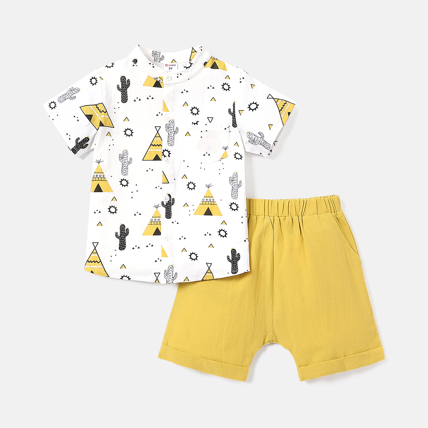 2pcs Toddler Boy 100% Cotton Allover Print Lapel Collar Shirt and Elasticized Shorts Set