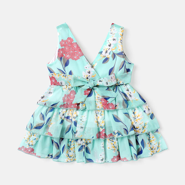 Baby Girl Allover  Print V Neck Sleeveless Layered Dress