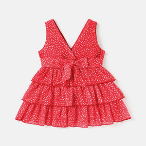 Baby Girl Allover  Print V Neck Sleeveless Layered Dress