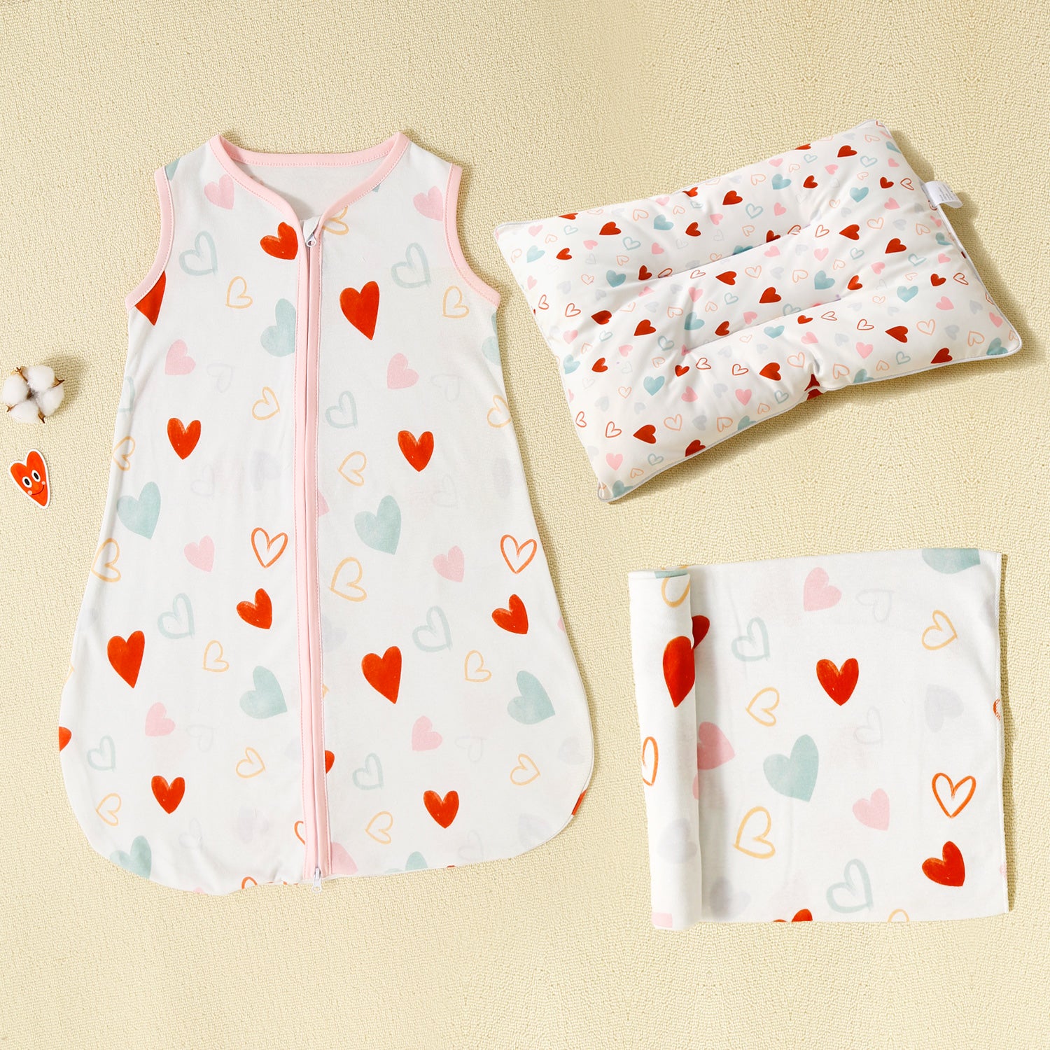 100% Cotton Colorful Heart Print Baby Sleeping Bag / Swaddling Blanket / Pillow
