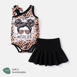 Naia? 3pcs Baby Girl Leopard Print Figure Graphic Tank Romper and Cotton Skirt & Headband Set