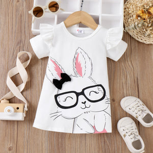 Easter Baby Girl Rabbit Print Flutter-sleeve T-shirt Dress