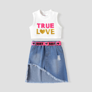 3pcs Toddler Girl Letter Print Sleeveless Tee and Irregular Denim Skirt & Belt Set