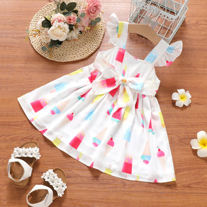 Toddler Girl Ice Cream Print Flutter-sleeve Belted Dress