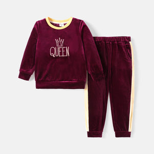 2pcs Toddler Girl Letter Embroidered Velvet Sweatshirt and Elasticized Pants Set