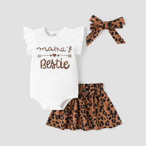3pcs Baby Girl Cotton Flutter-sleeve Letter Graphic Romper and Leopard Print Bow Front Skirt & Headband Set