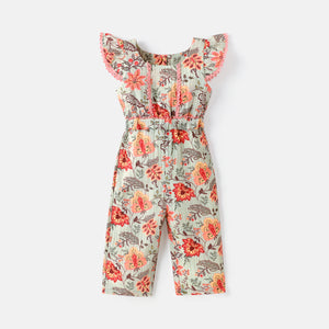 Baby Girl 100% Cotton Crepe Floral Print Lace Detail Flutter-sleeve Jumpsuit