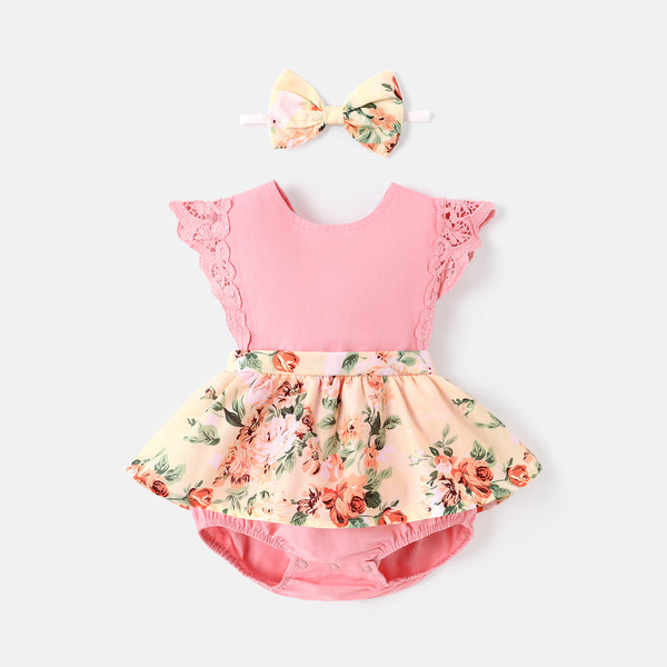 2pcs Baby Girl 100% Cotton Solid & Floral-print Spliced Lace Flutter-sleeve Romper with Headband Set