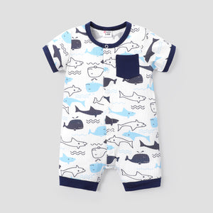 Baby Boy Cotton Ribbed Allover Shark Print Short-sleeve Romper