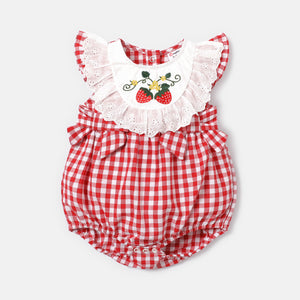 Baby Girl Strawberry Embroidered Ruffled Flutter-sleeve Gingham Romper