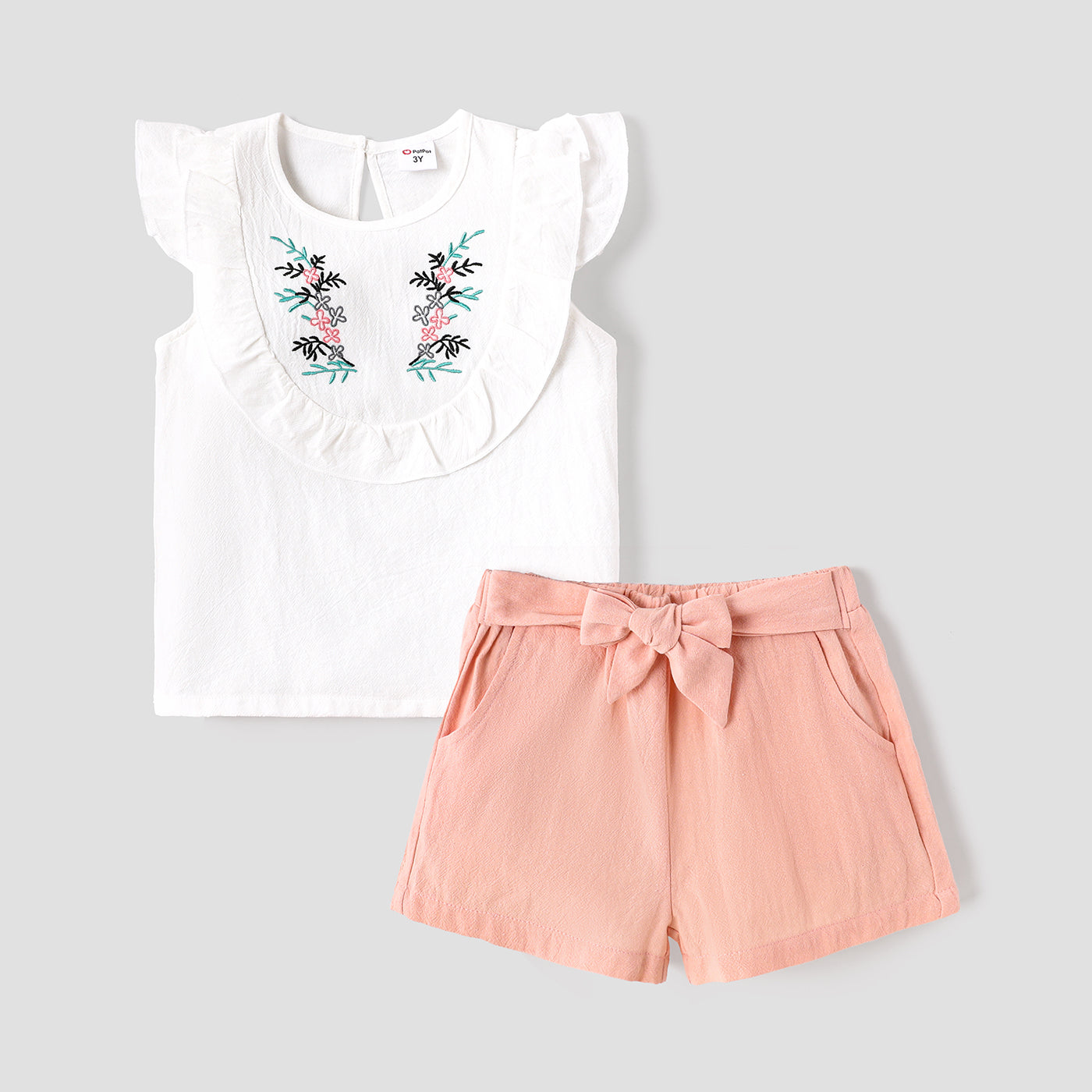 2pcs Toddler Girl 100% Cotton Butterfly Embroidered Ruffled Sleeveless Tee and Belted Shorts Set