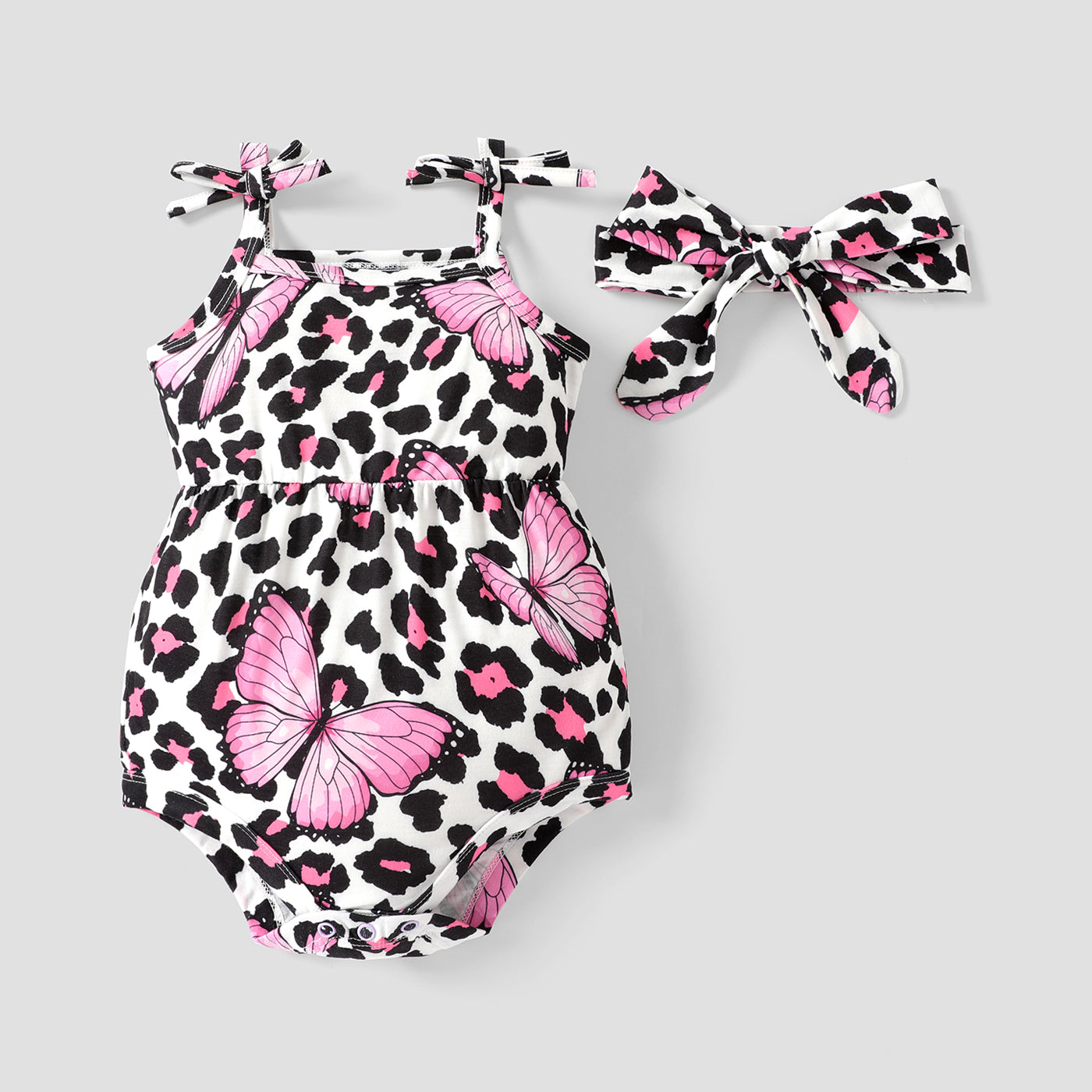 2pcs Baby Girl Allover Butterfly & Leopard Print Cami Romper & Headband Set