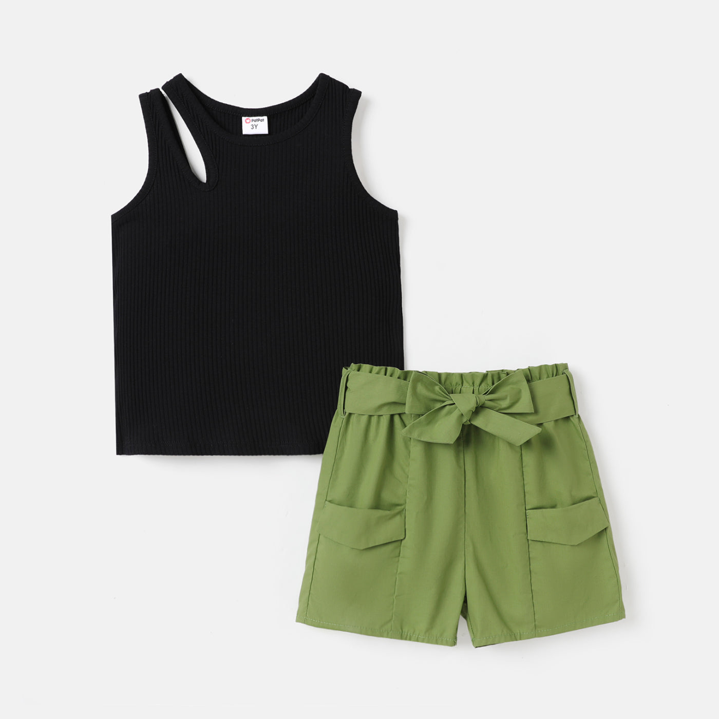 2Pcs Toddler Girl Cotton Tank Top & Belted Shorts Set
