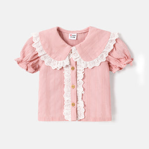 Baby Girl 100% Cotton Ruffle Trim Peter Pan Collar Puff-sleeve Top