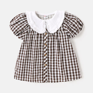 Baby Girl 100% Cotton Contrast Collar Puff-sleeve Button Dress