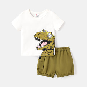 2pcs Baby Boy 100% Cotton Solid Shorts and Dinosaur Print Short-sleeve Tee Set