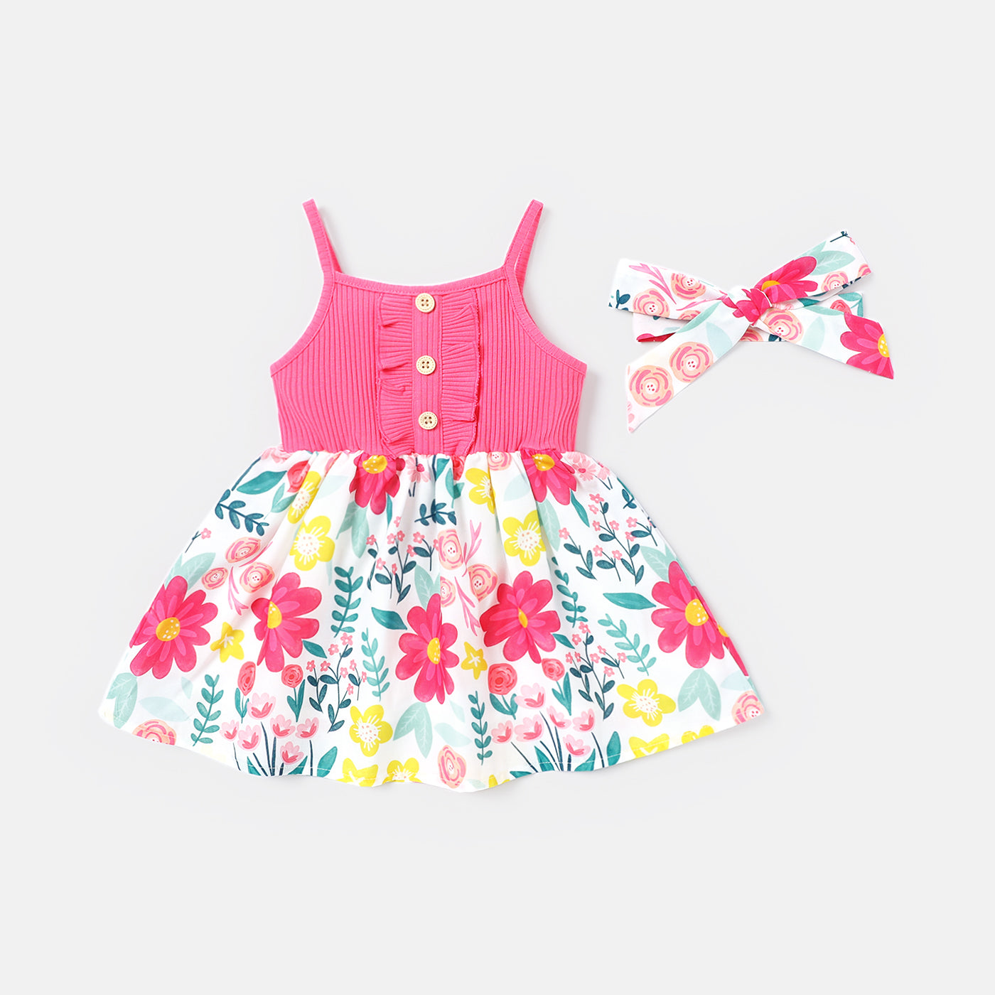 2pcs Baby Girl Cotton Ribbed Spliced Floral Print Cami Dress & Headband Set
