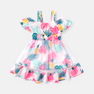 Baby Girl Allover Plant Print Cold Shoulder Sleeveless Ruffled Mesh Dress