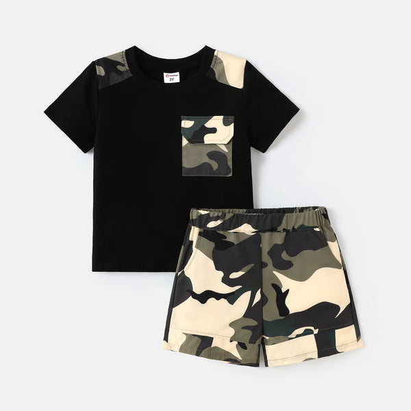 2pcs Toddler Boy Pocket Design Short-sleeve Tee and Camouflage Print Shorts Set