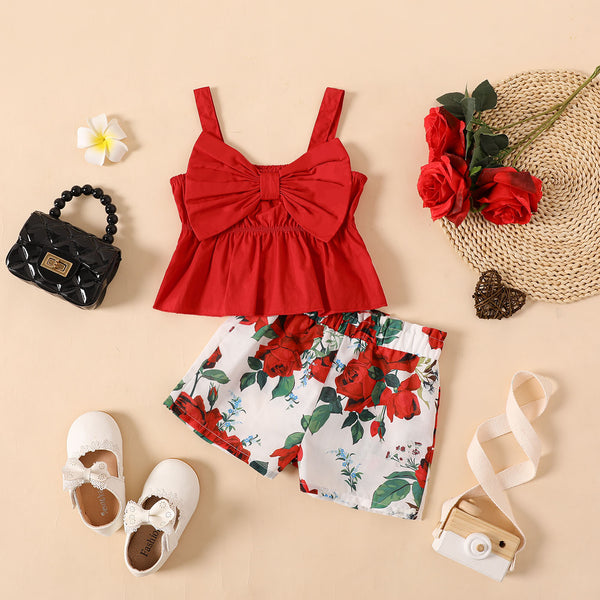 2pcs Toddler Girl Bowknot Design Camisole and Floral Print Shorts Set