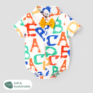 Naia? Baby Boy Allover Colorful Letter Print Bow Tie Decor Short-sleeve Shirt Romper