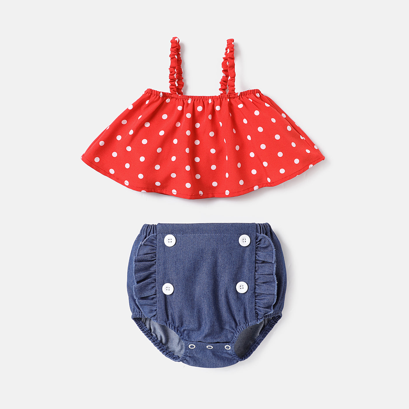 2pcs Baby Girl Polka Dots Print Cami Top and Ruffle Trim Shorts Set