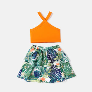2Pcs Kid Girl Solid Halter Tank Top & Plant Print Skirt Set