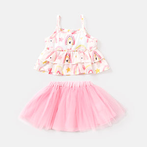 2pcs Baby Girl Allover Rainbow Print Layered Ruffled Cami Top and Mesh Tutu Skirt Set