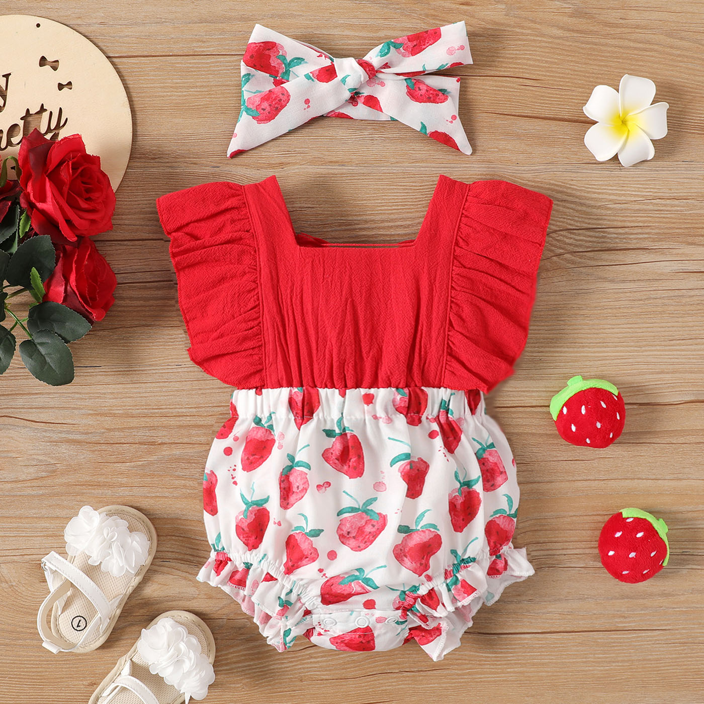 2pcs Baby Girl Cotton Ruffled Strawberry Print Spliced Cut Out Romper & Headband Set