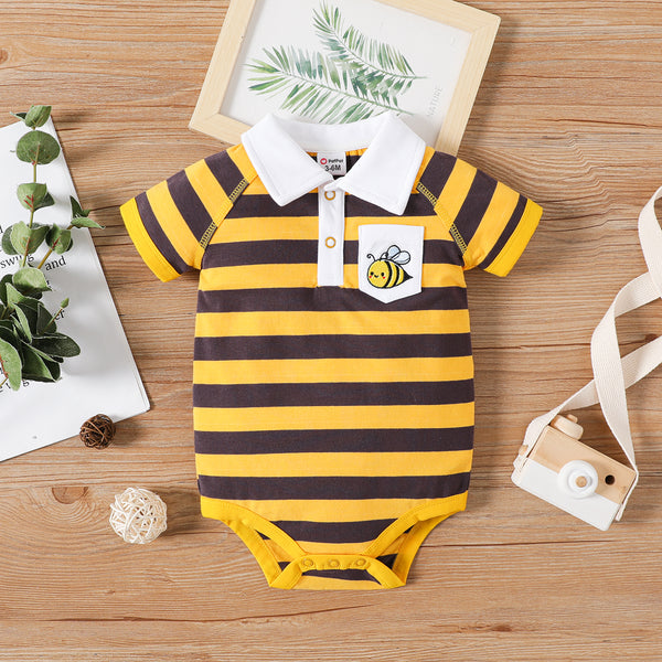 Baby Boy 95% Cotton Stripe Polo Collar Animal Embroidered Short-sleeve Romper