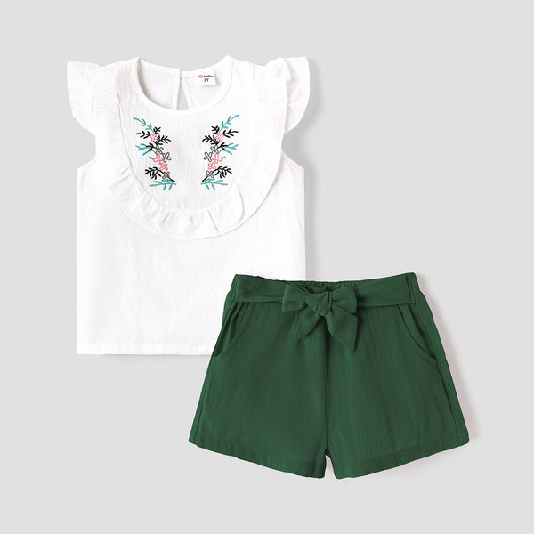 2pcs Toddler Girl 100% Cotton Butterfly Embroidered Ruffled Sleeveless Tee and Belted Shorts Set