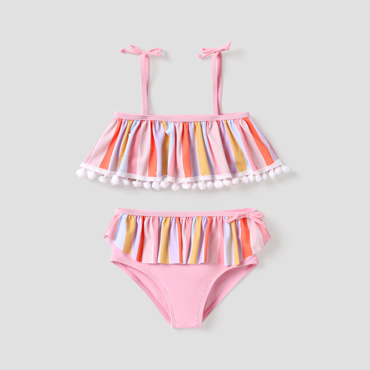 2Pcs Toddler Girl Colorful Stripe Pom Pom Decor Two-piece Swimsuit Set