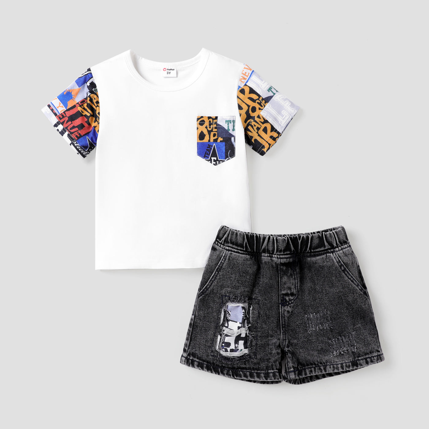 Toddler Boy Cotton Geo Print Short-sleeve Tee and Denim Shorts Set