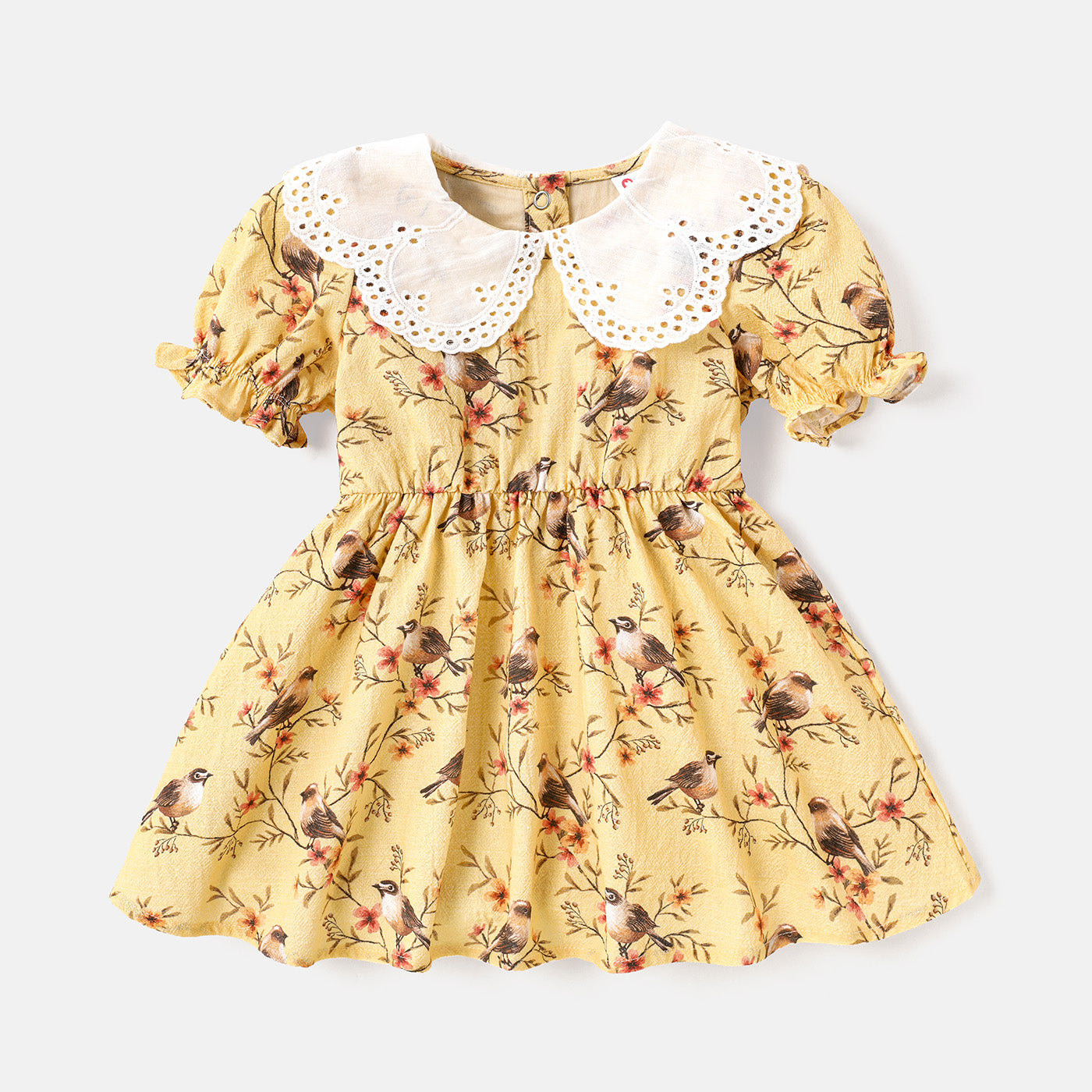 Baby Girl 100% Cotton Contrast Collar Puff-sleeve Dress