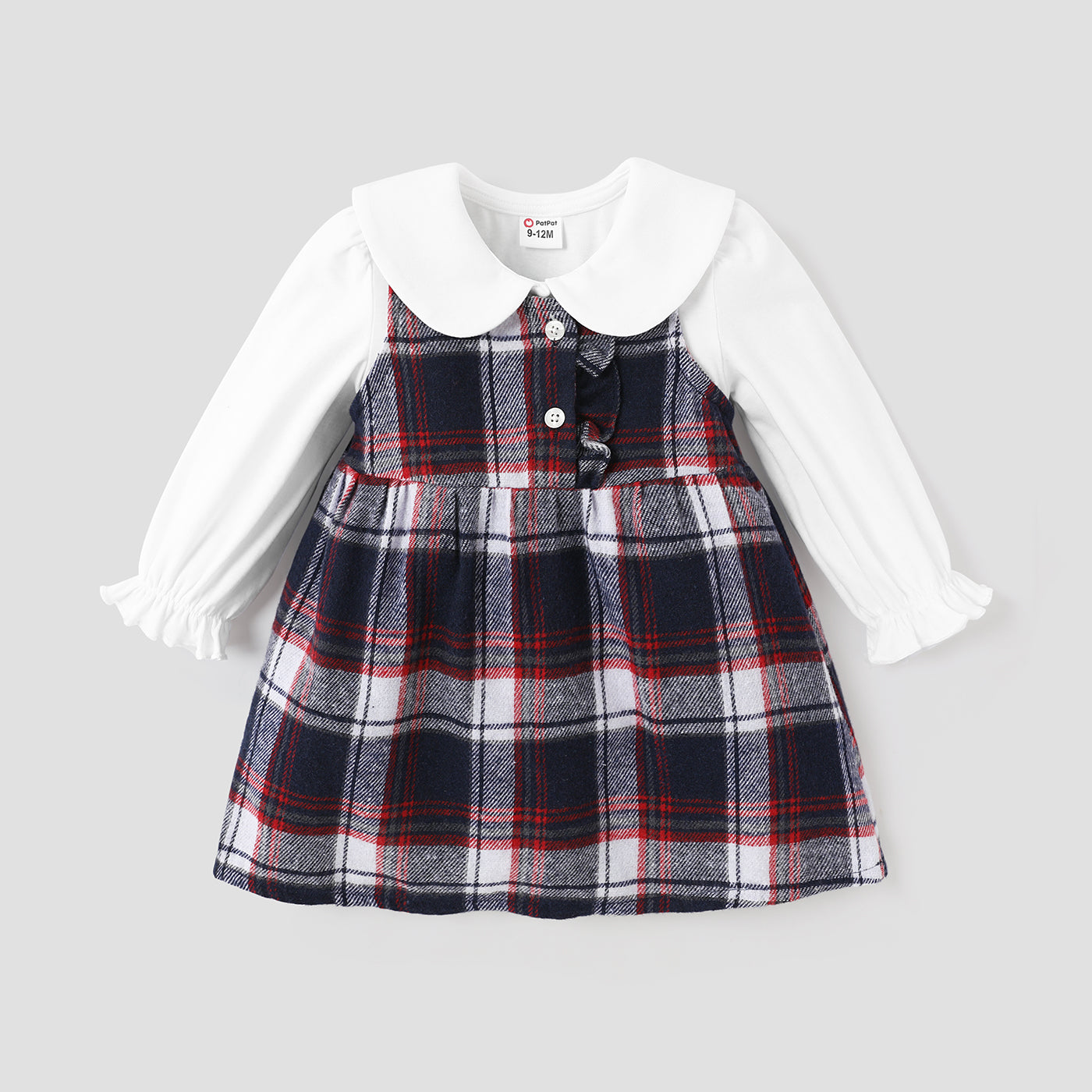 2pcs Baby Girl Cotton Peter Pan Collar Long-sleeve Romper and Plaid Dress Set